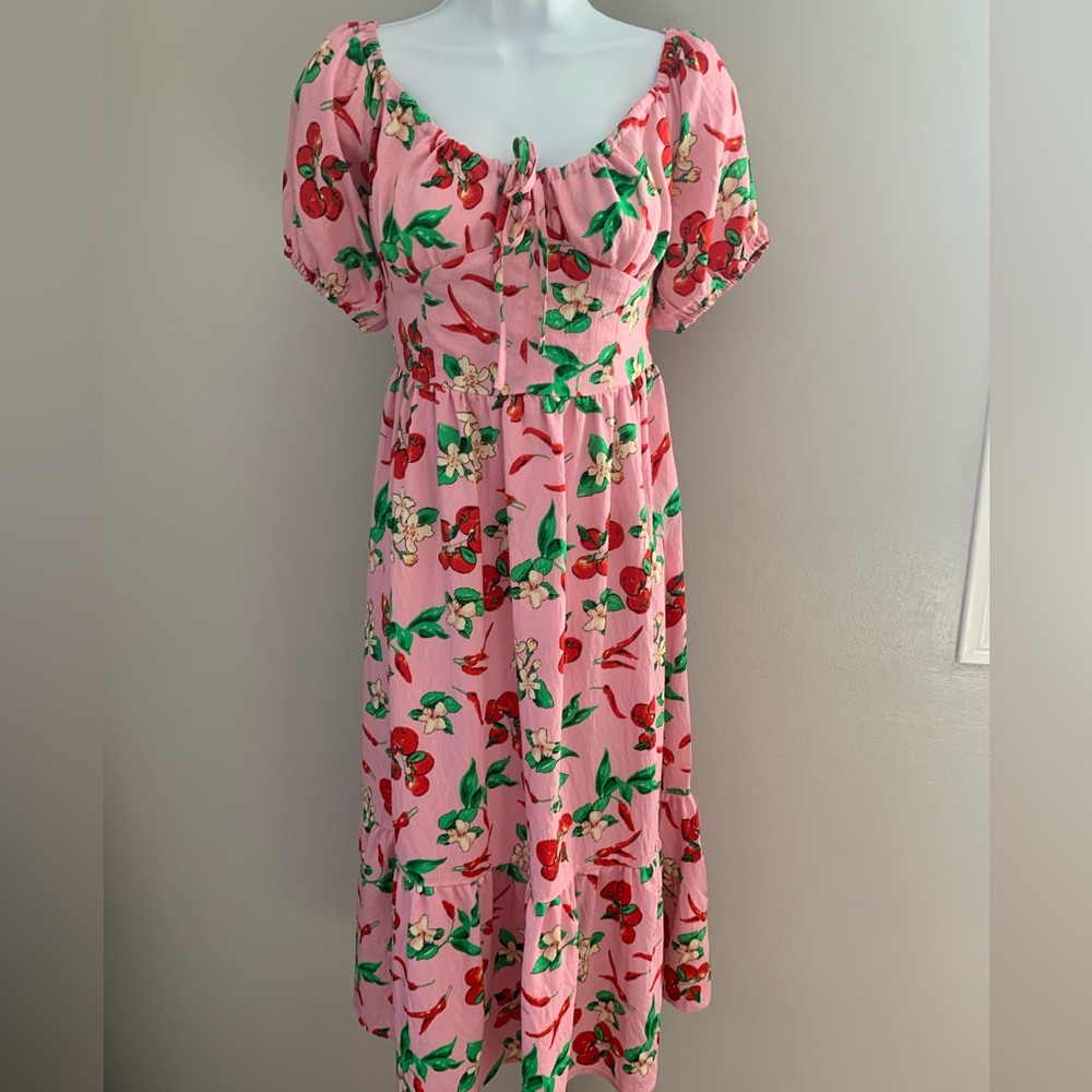 NWT Umgee Pink On/ Off Shoulder Cherry, Hot Pepper  & Floral Midi Dress